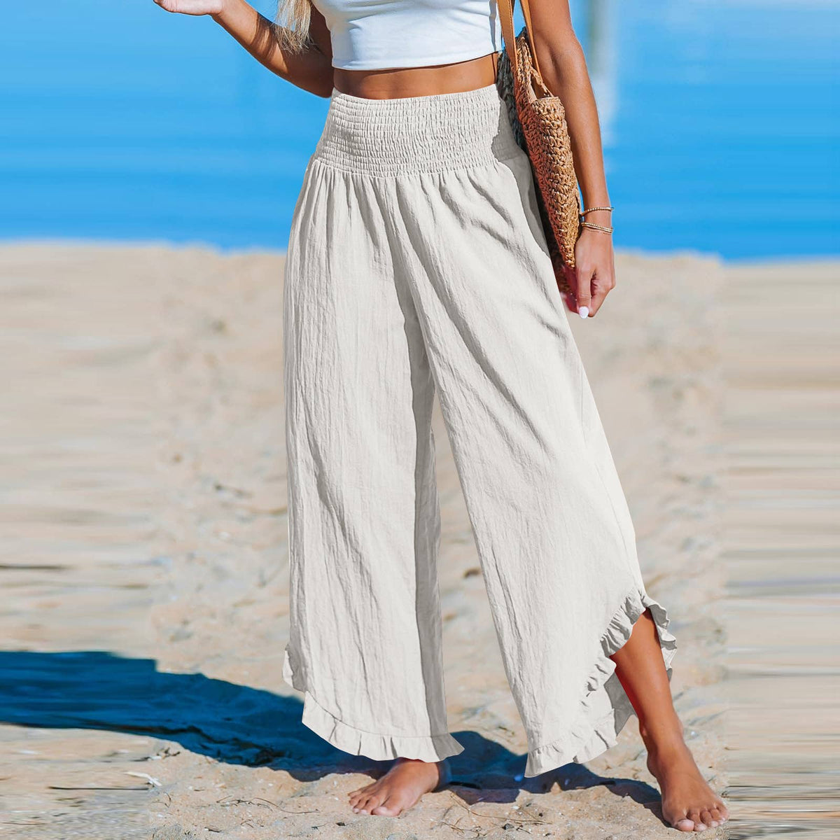 Smocked Ruffled Wide Leg Pants