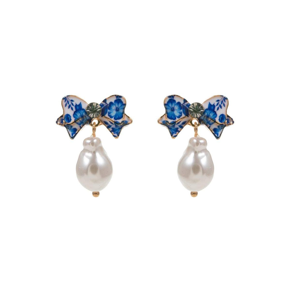 Flower Enamel Bow Pearl Post Earrings