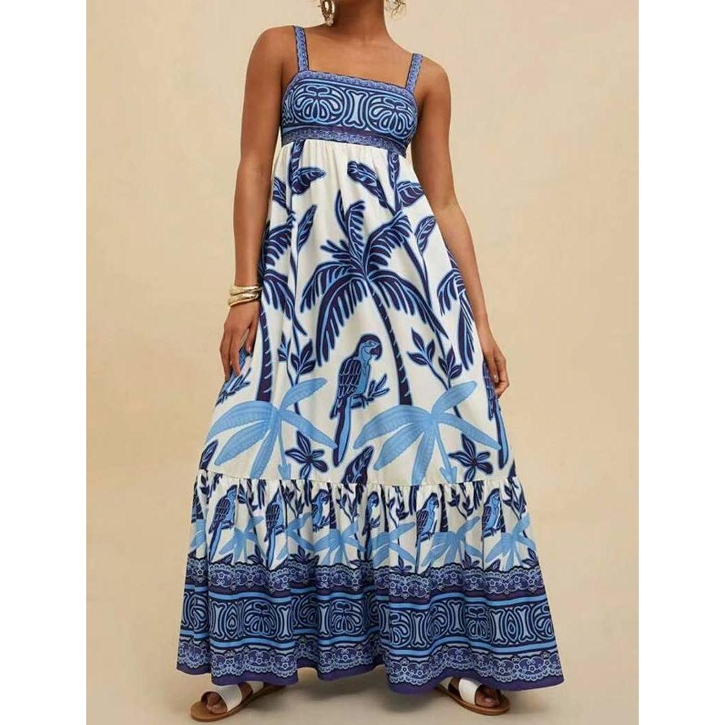 Tropical Palm Print Maxi Dress with Tiered Hem