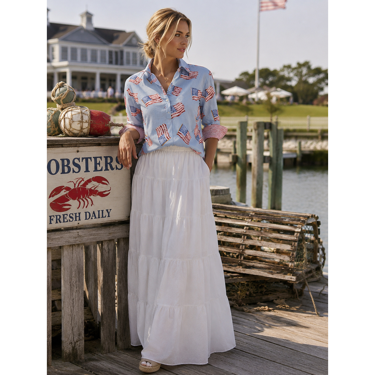 3/4 Sleeve Cotton Flag Blouse