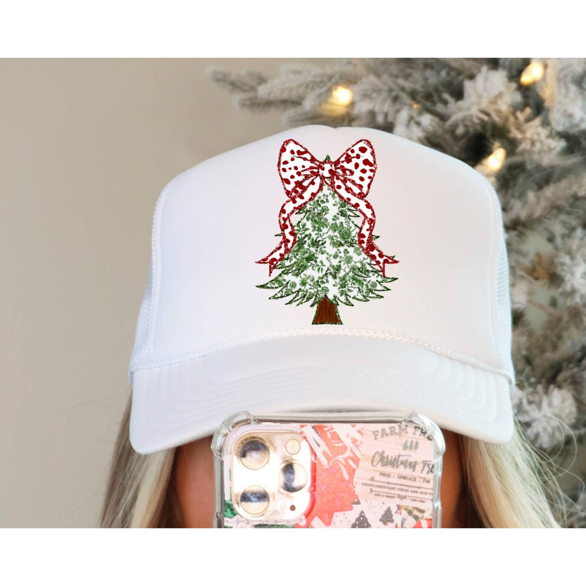 Toile Glitter Bow Christmas Tree Trucker Hat 
