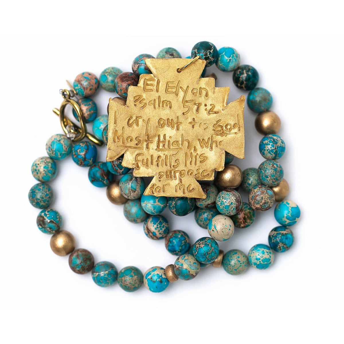 Double Strand Turquoise Sea Sediment Jasper with Jerusalem Cross Necklace