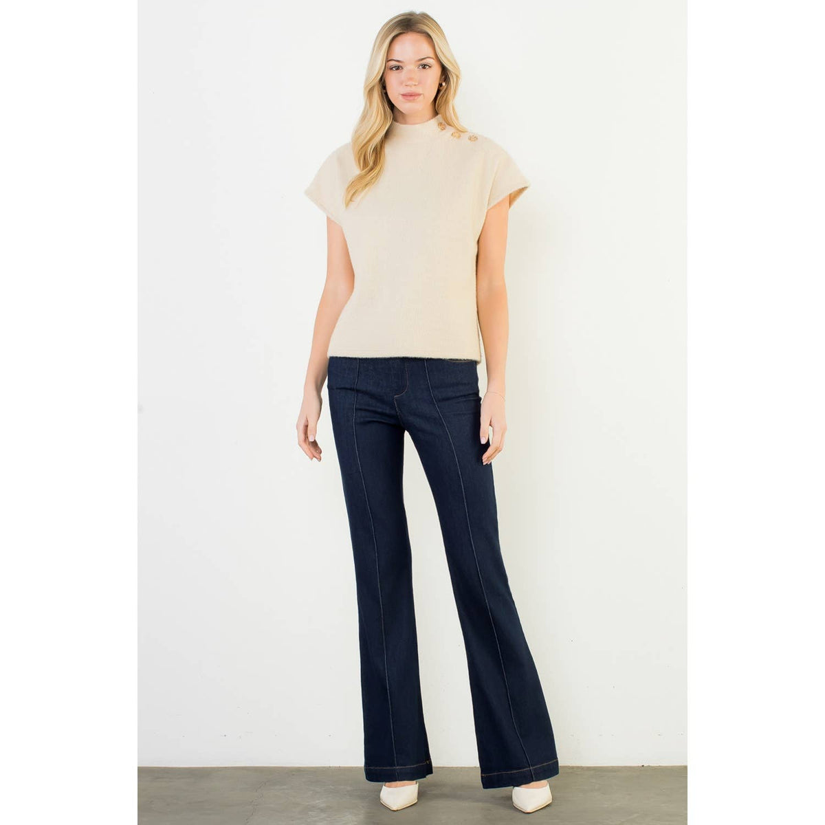 Shoulder Button Mock Neck Knit Top