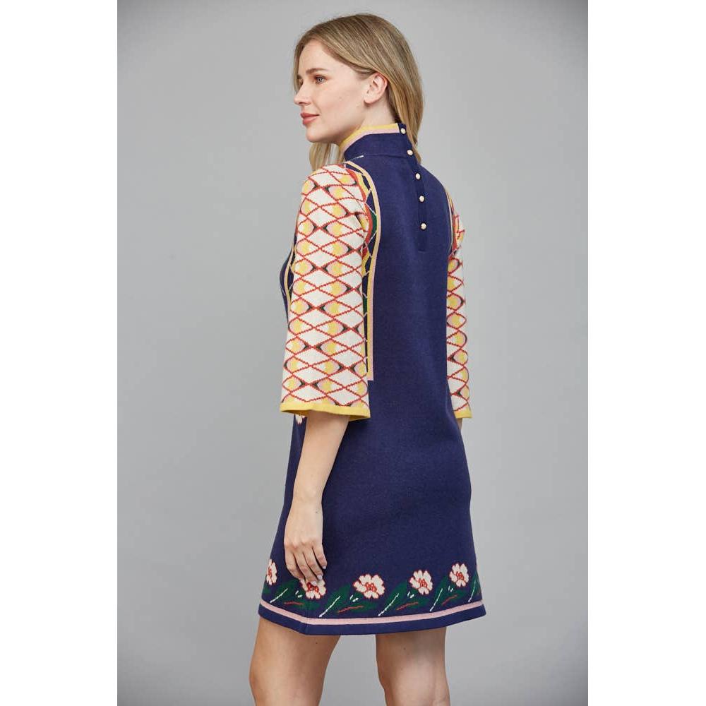 Floral Motif High Neck Sweater Dress