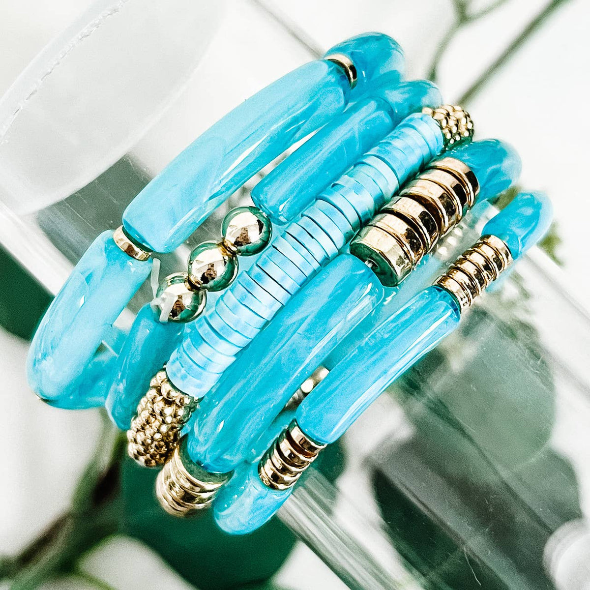 5 Stack Rubber Disc and Acrylic Tube Bracelet Set