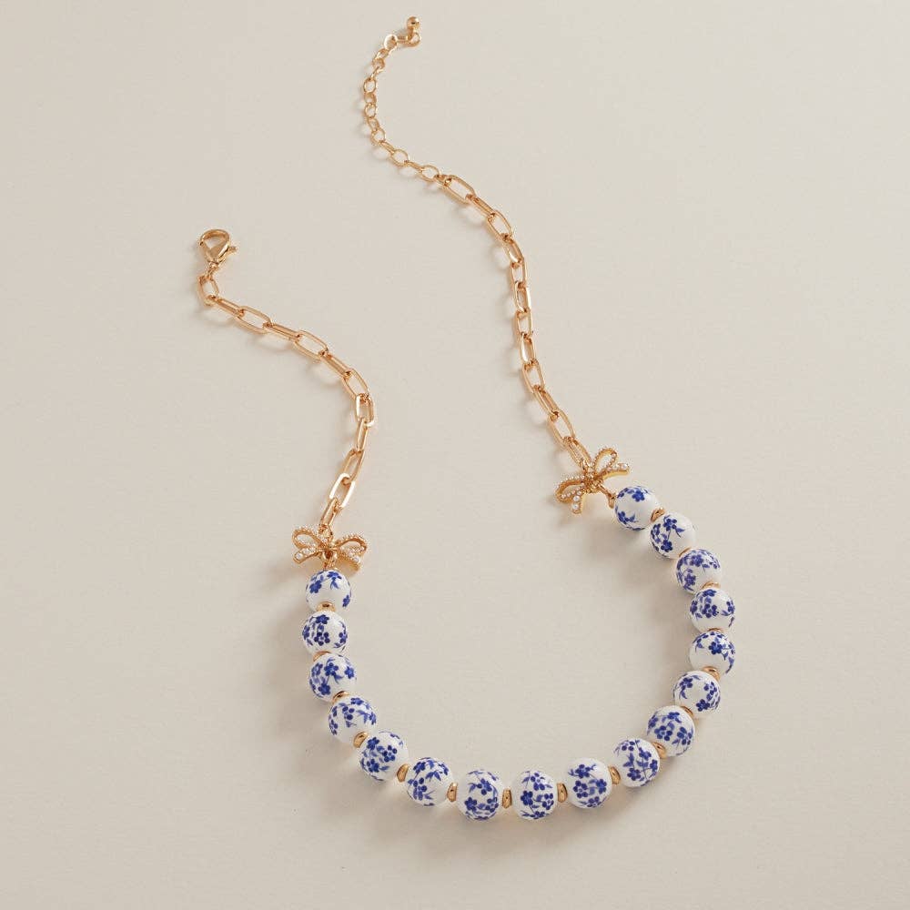 Round Ceramic Bead Metal Ribbon Short Necklace