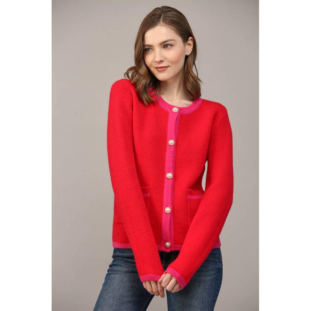 Front Button Color Block Cardigan Sweater