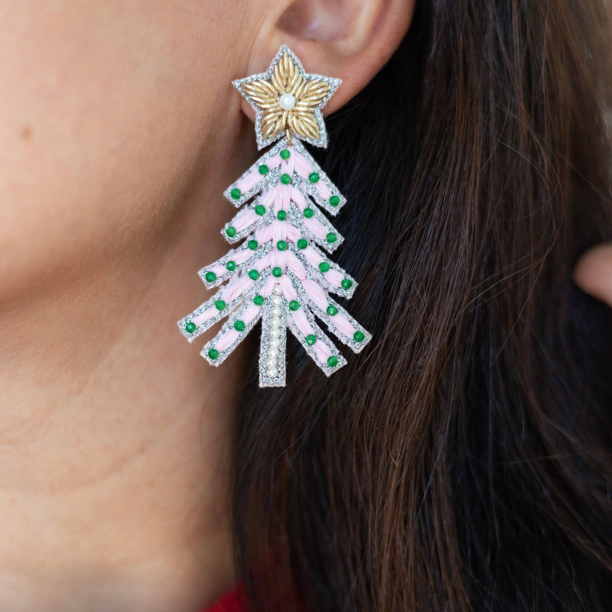 Pink Palm Beach Raffia Christmas Tree Earrings