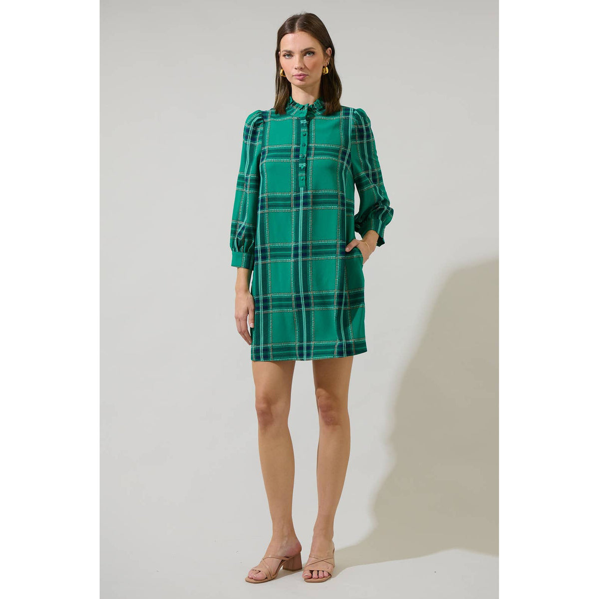 Woodland Jade Plaid Lorna Shift Mini Dress