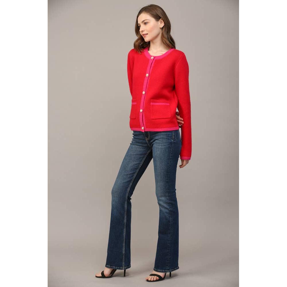 Front Button Color Block Cardigan Sweater