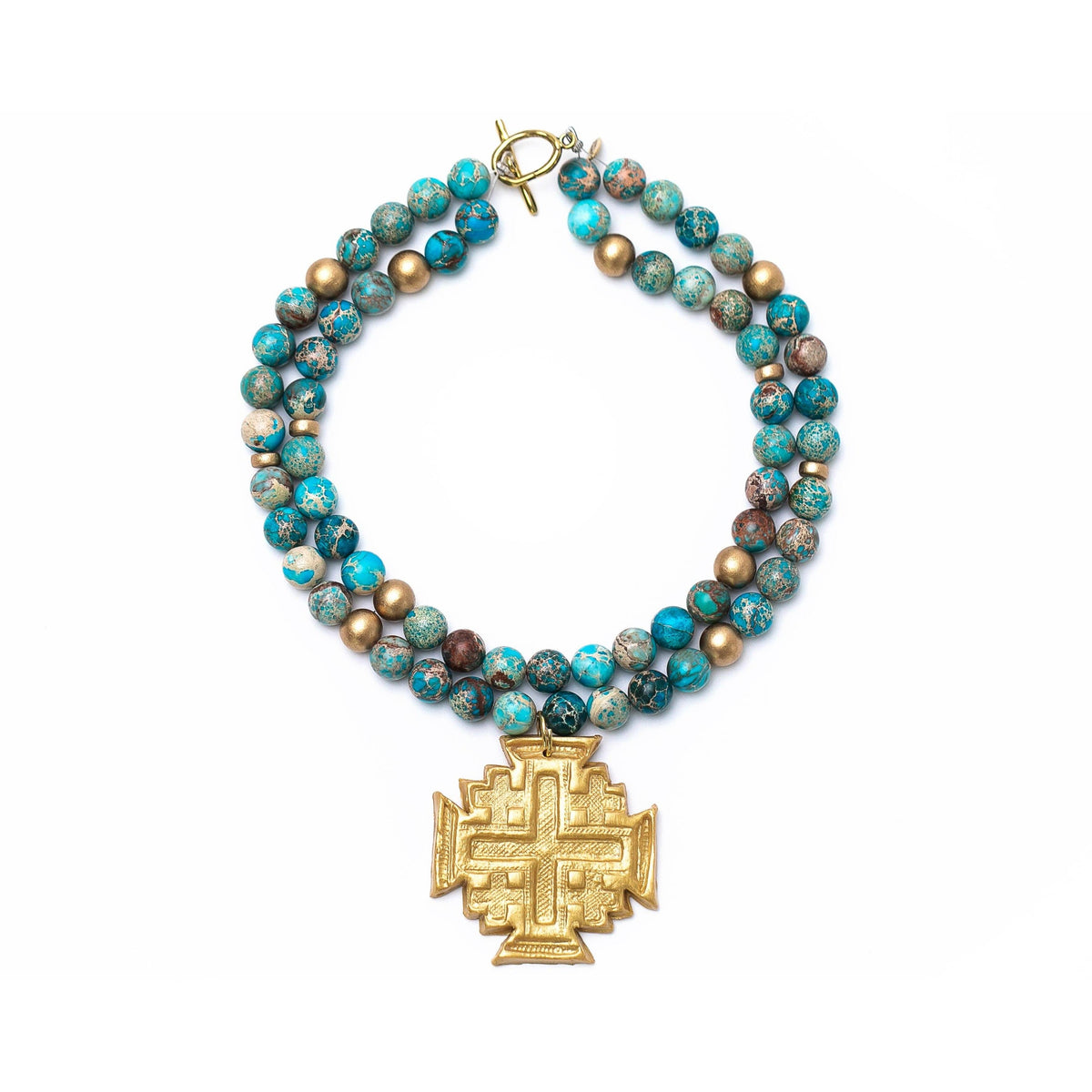 Double Strand Turquoise Sea Sediment Jasper with Jerusalem Cross Necklace
