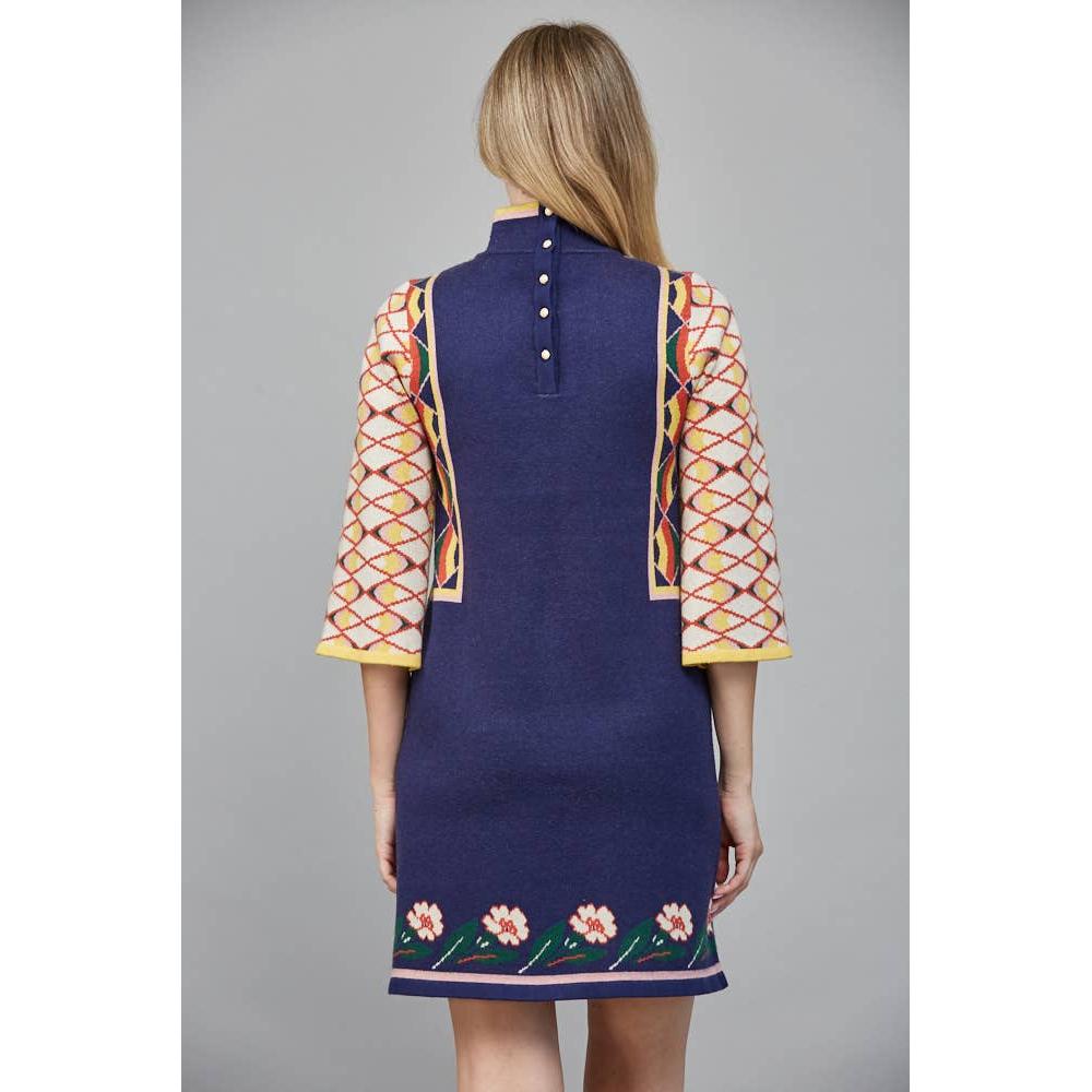 Floral Motif High Neck Sweater Dress