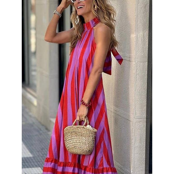 Halterneck Backless Striped Maxi Dress