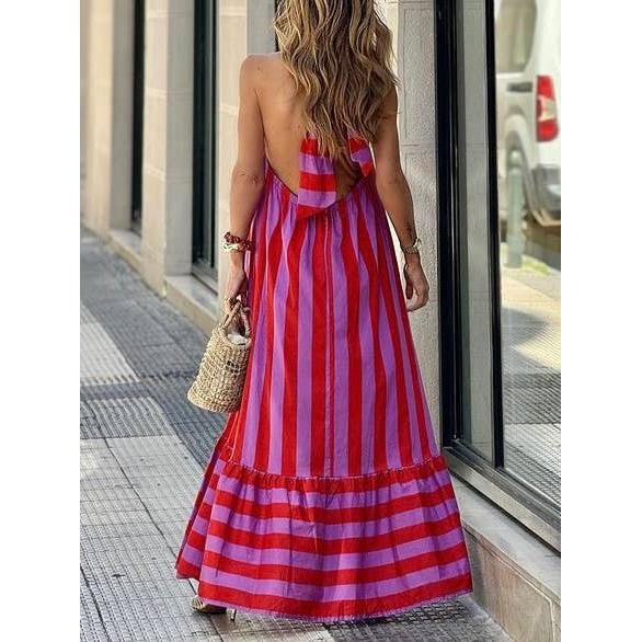 Halterneck Backless Striped Maxi Dress