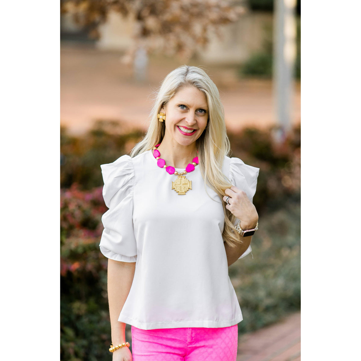 Hot Pink Jade Nuggets with Jerusalem Cross Necklace