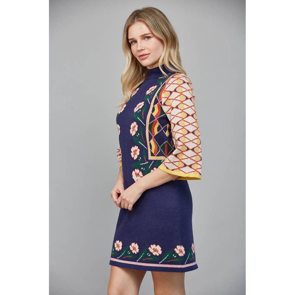 Floral Motif High Neck Sweater Dress