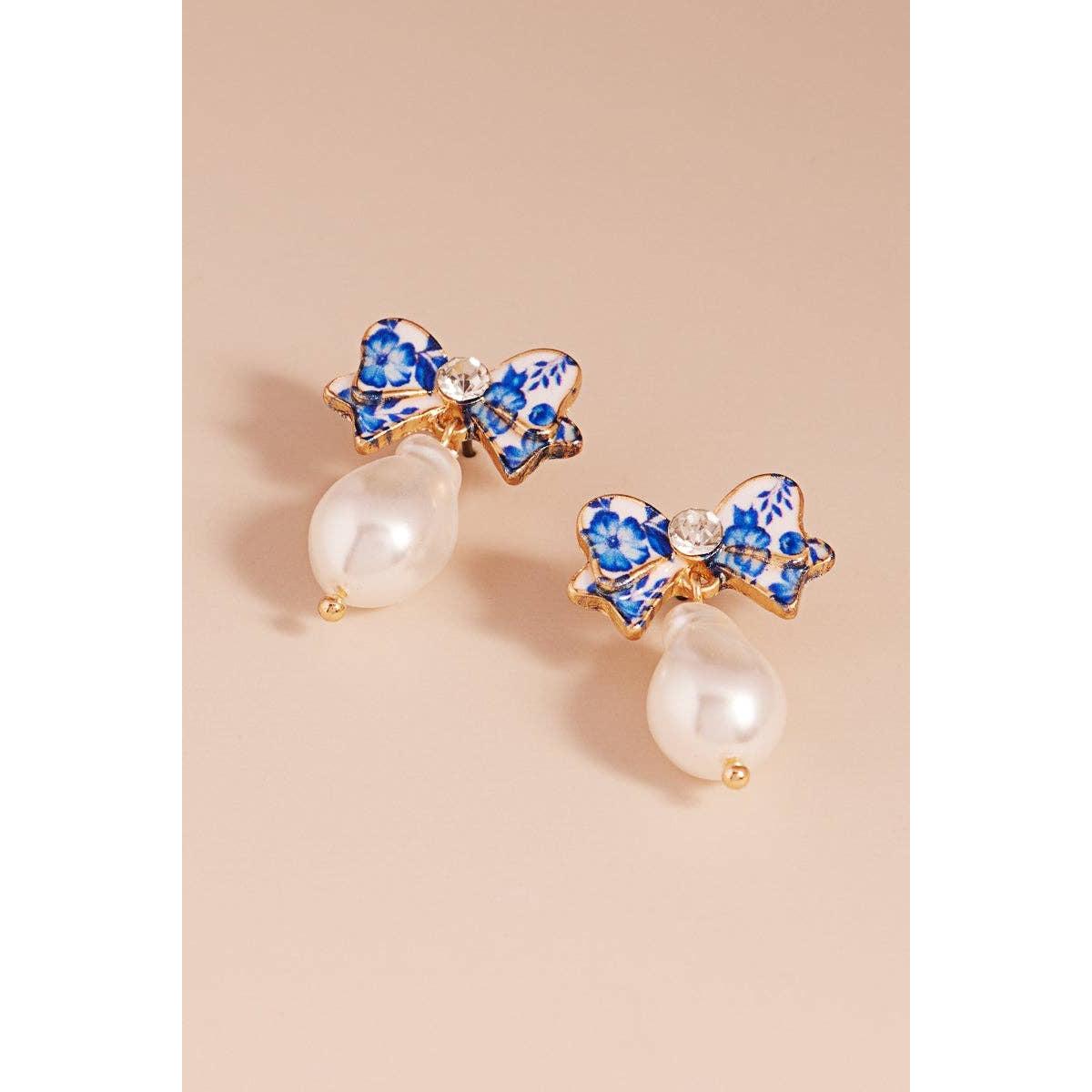Flower Enamel Bow Pearl Post Earrings