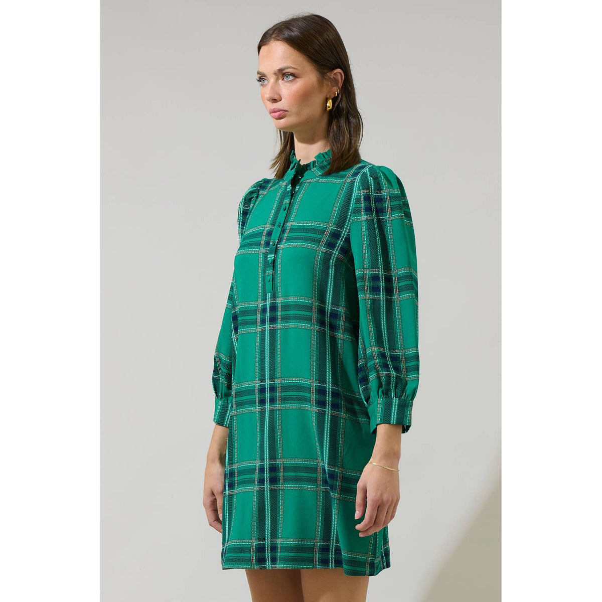 Woodland Jade Plaid Lorna Shift Mini Dress