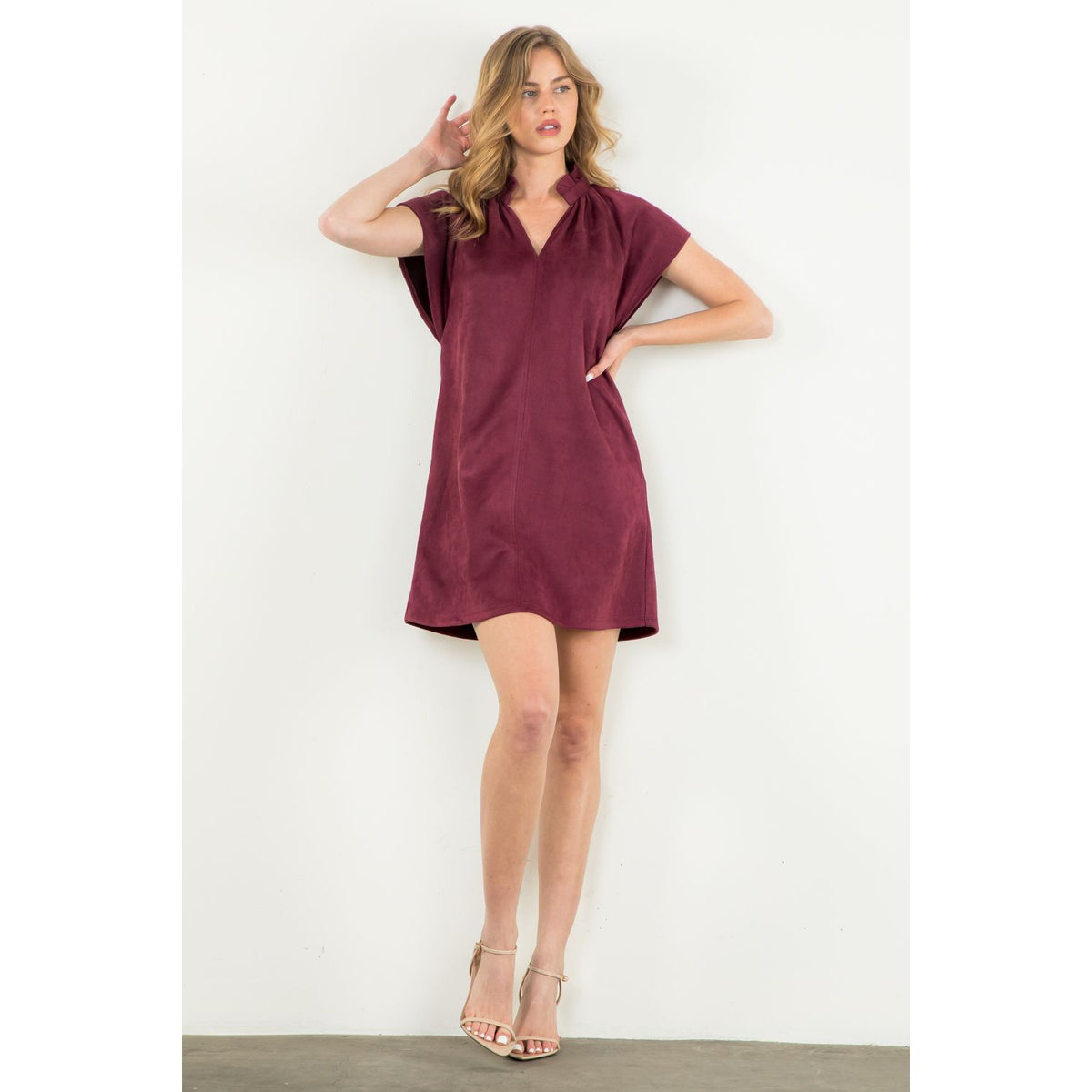 Short Sleeve Suede Midi Dress