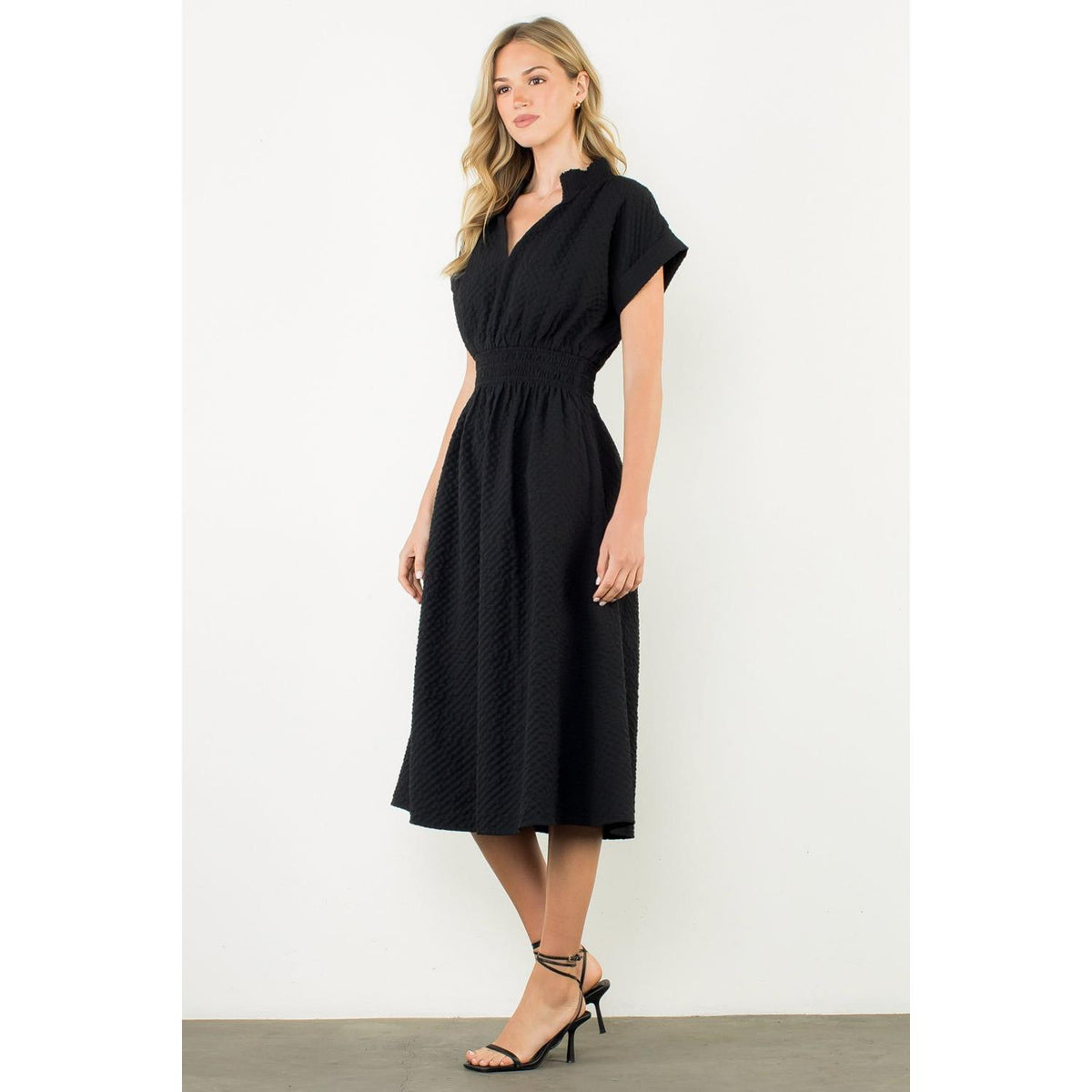 Lucy Textured Split Neck Smocked Waist Dress