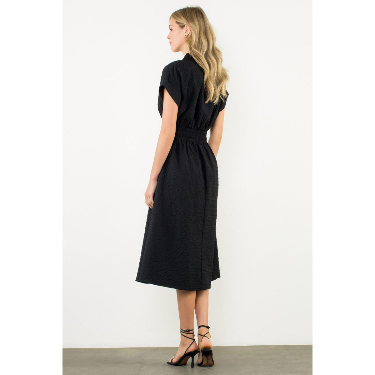 Lucy Textured Split Neck Smocked Waist Dress