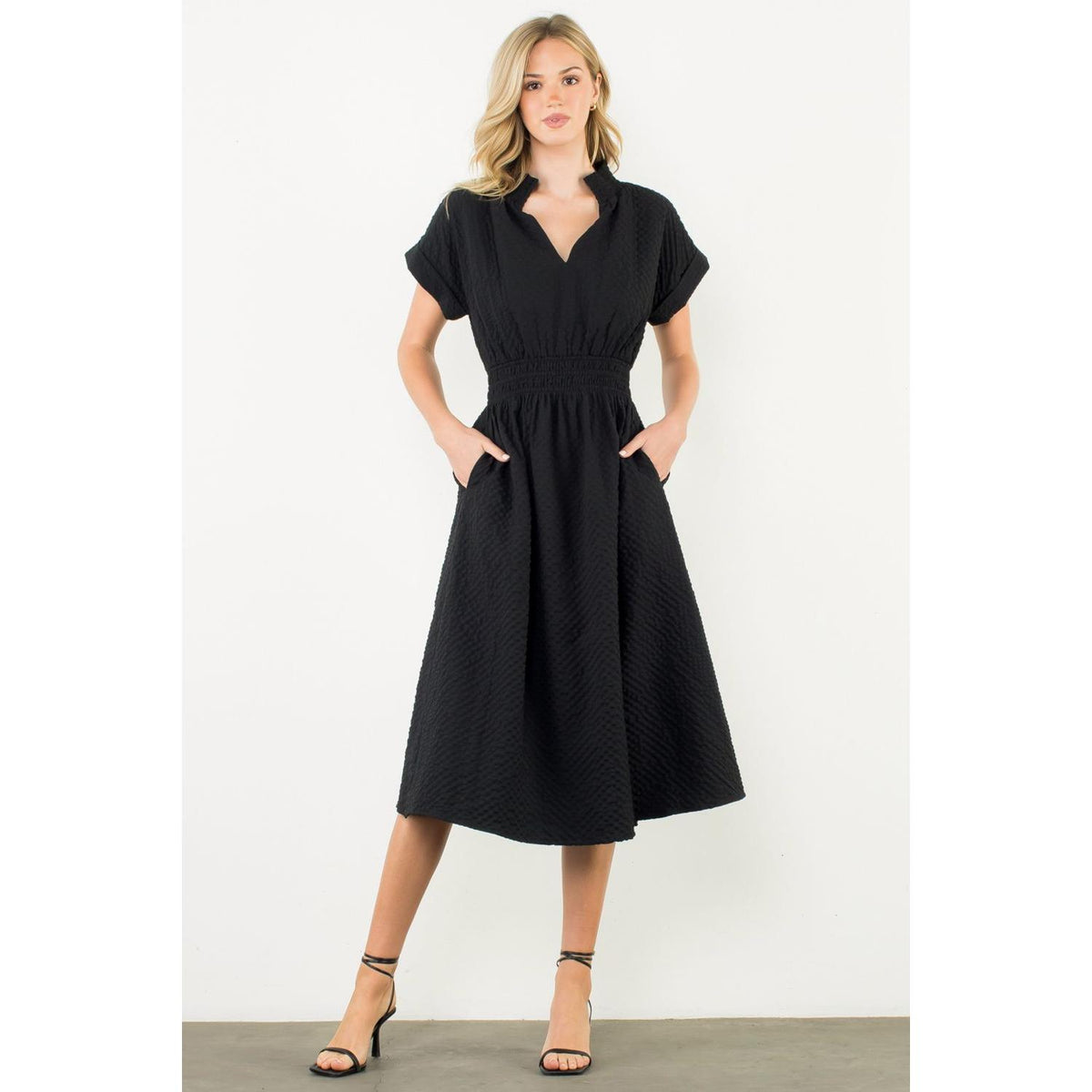 Lucy Textured Split Neck Smocked Waist Dress