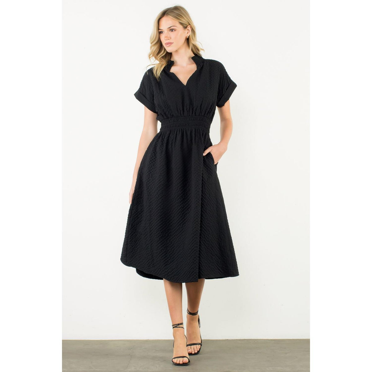 Lucy Textured Split Neck Smocked Waist Dress Black / M