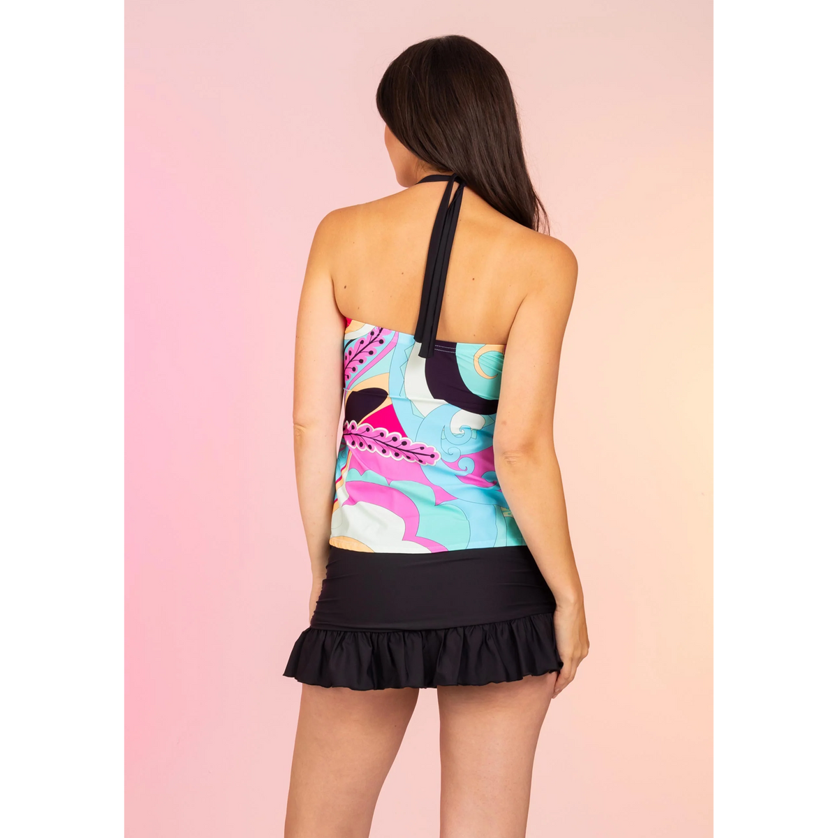 Print Overlay Split Front Tankini with Neck Ties