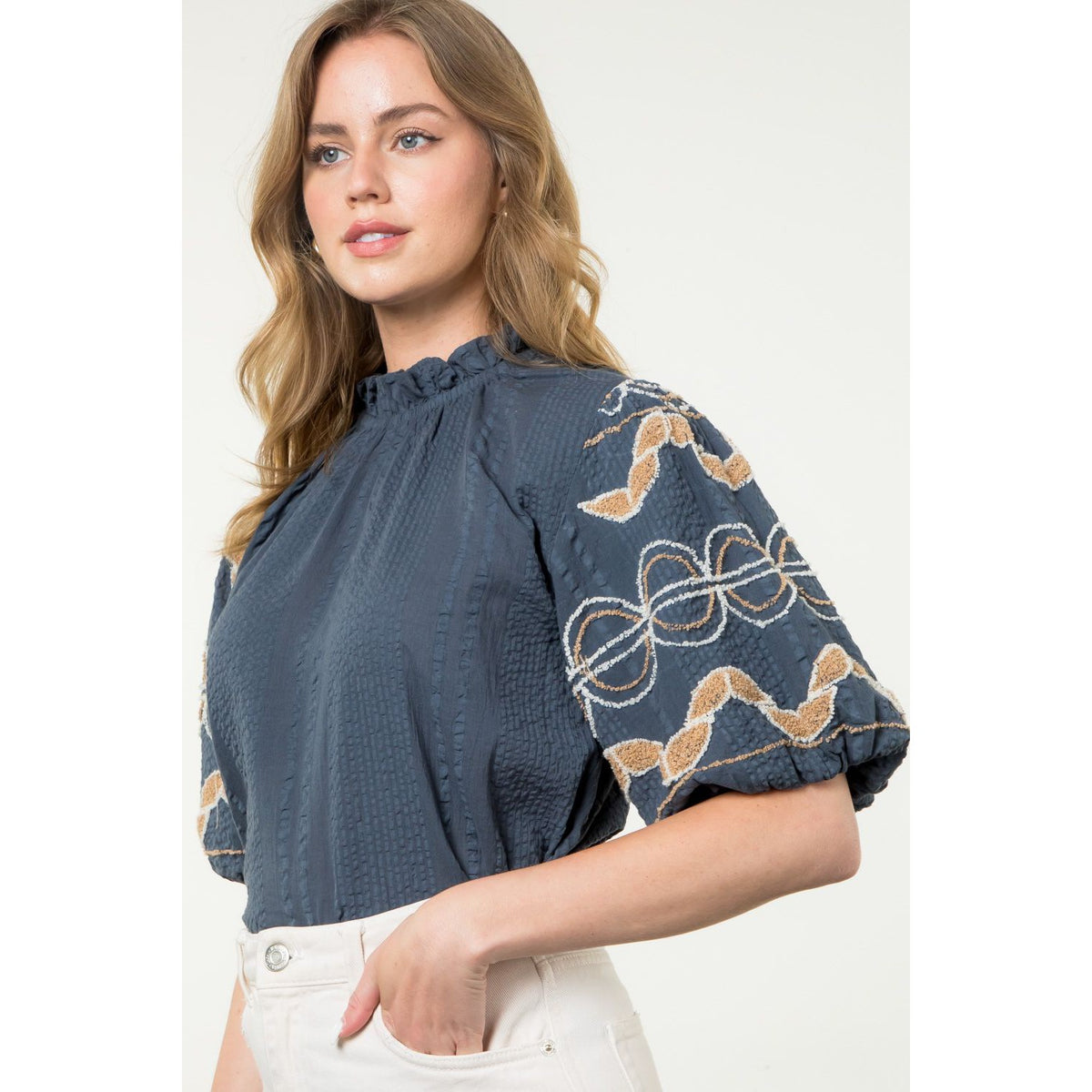 Hand Embroidered Puff Sleeve Top