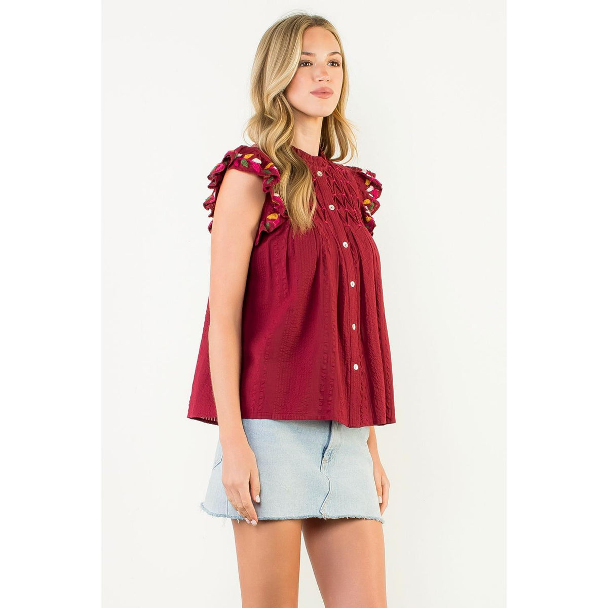 Tara Smocked Embroidered Flutter Sleeve Top