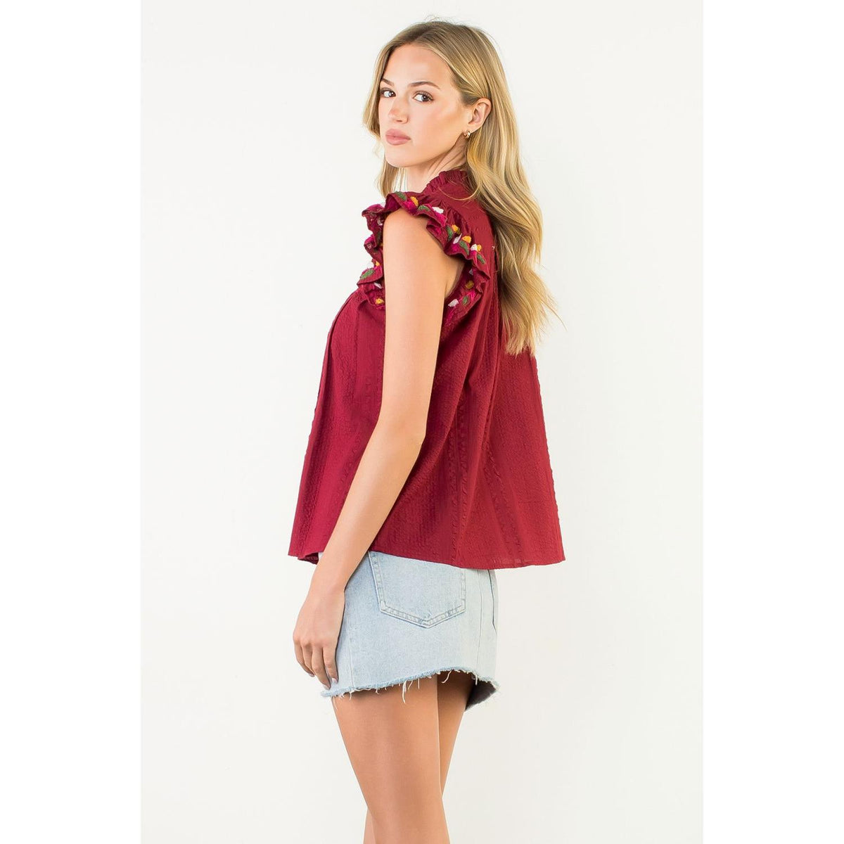 Tara Smocked Embroidered Flutter Sleeve Top