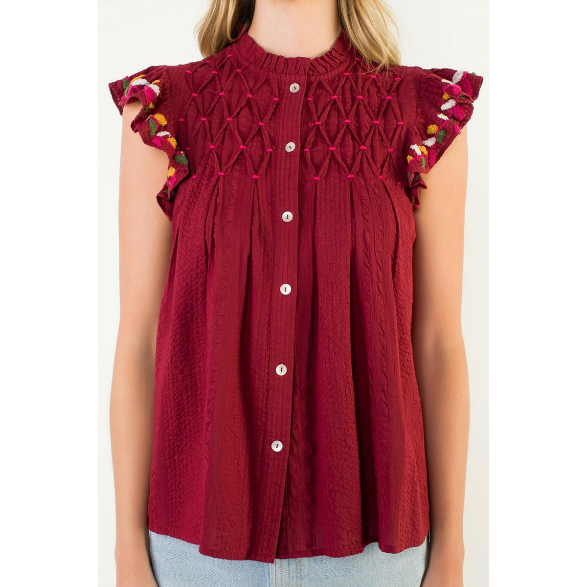 Tara Smocked Embroidered Flutter Sleeve Top