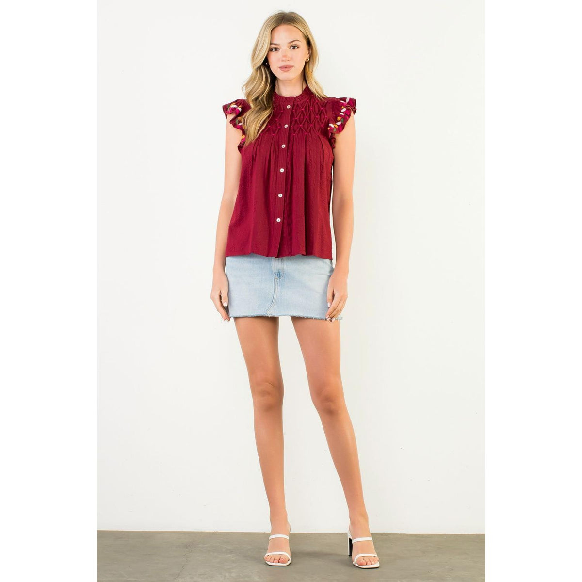 Tara Smocked Embroidered Flutter Sleeve Top