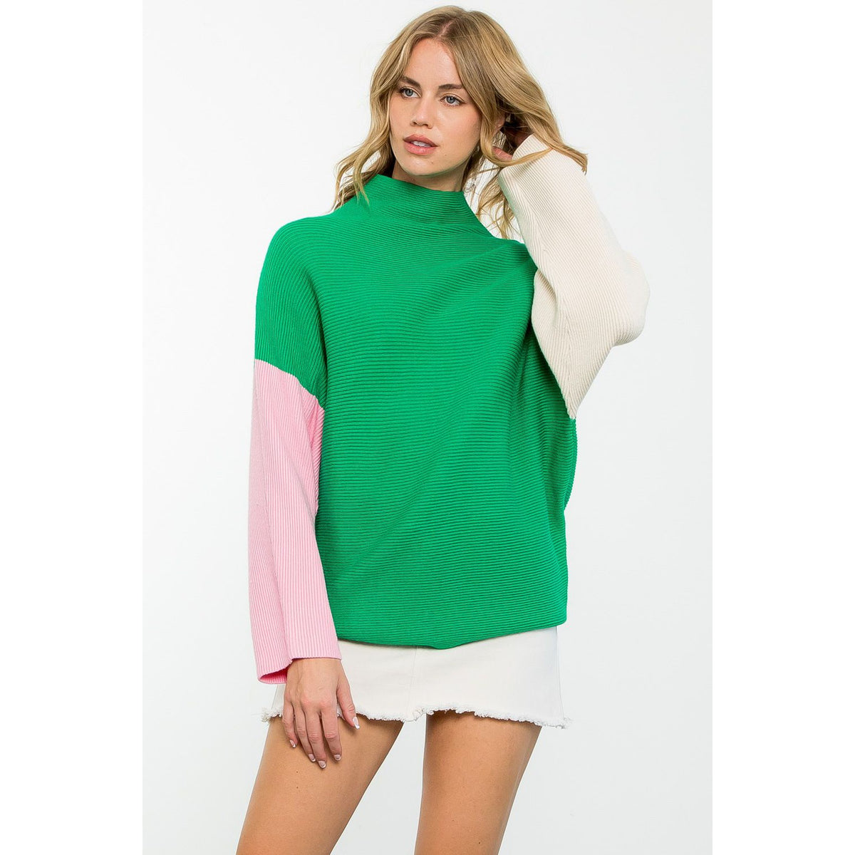 Funnel Neck Ribbed Colorblock Sweater