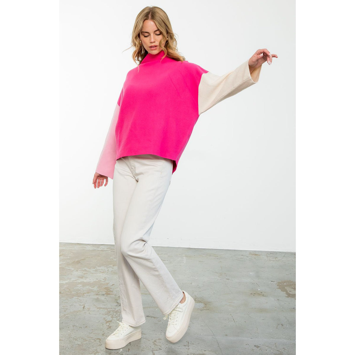 Funnel Neck Ribbed Colorblock Sweater
