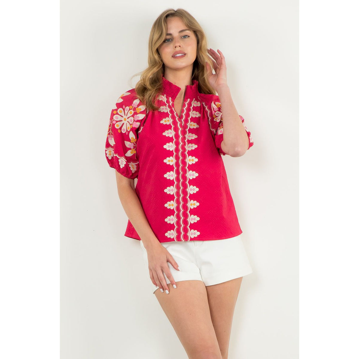 Embroidered Puff Sleeve Textured Top