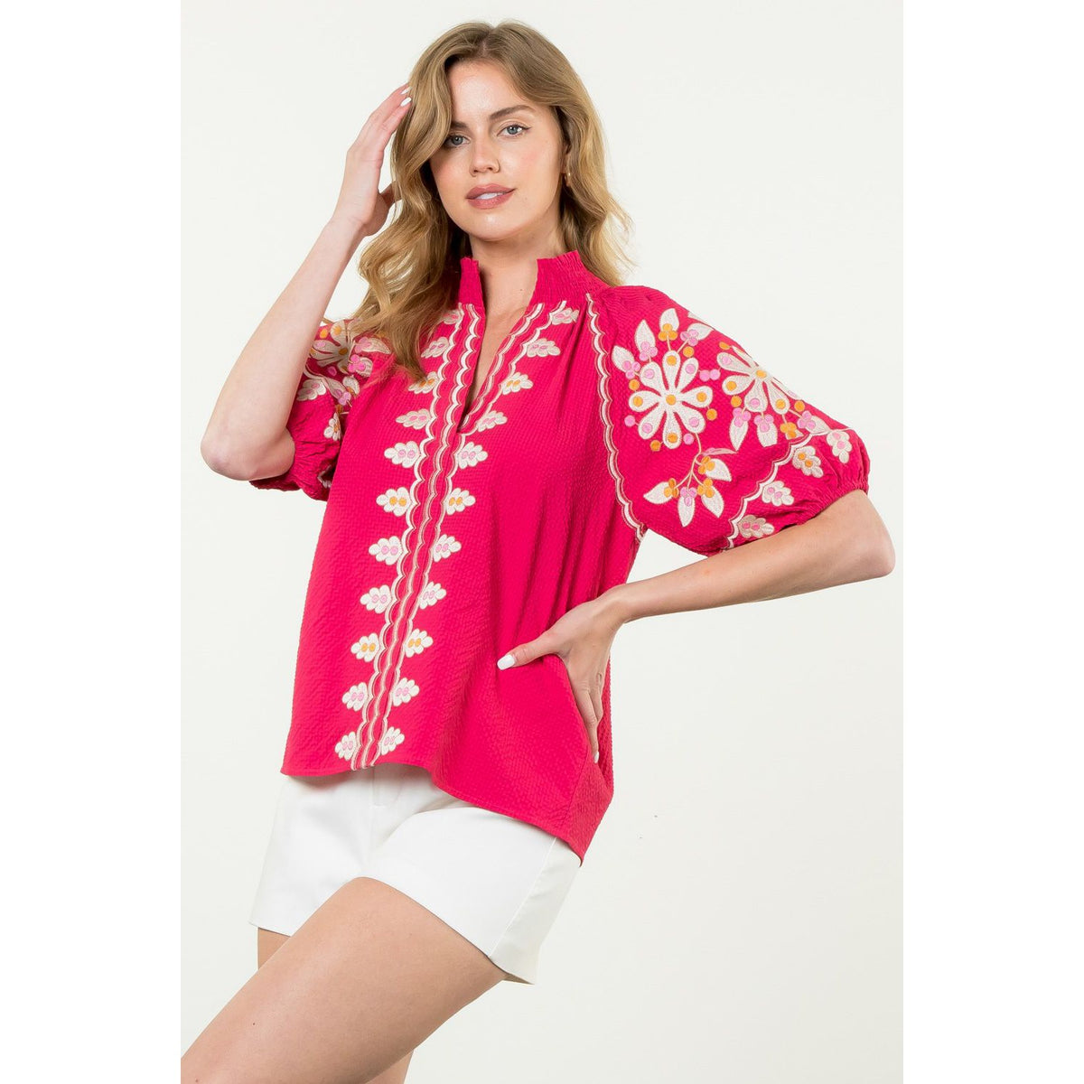 Embroidered Puff Sleeve Textured Top