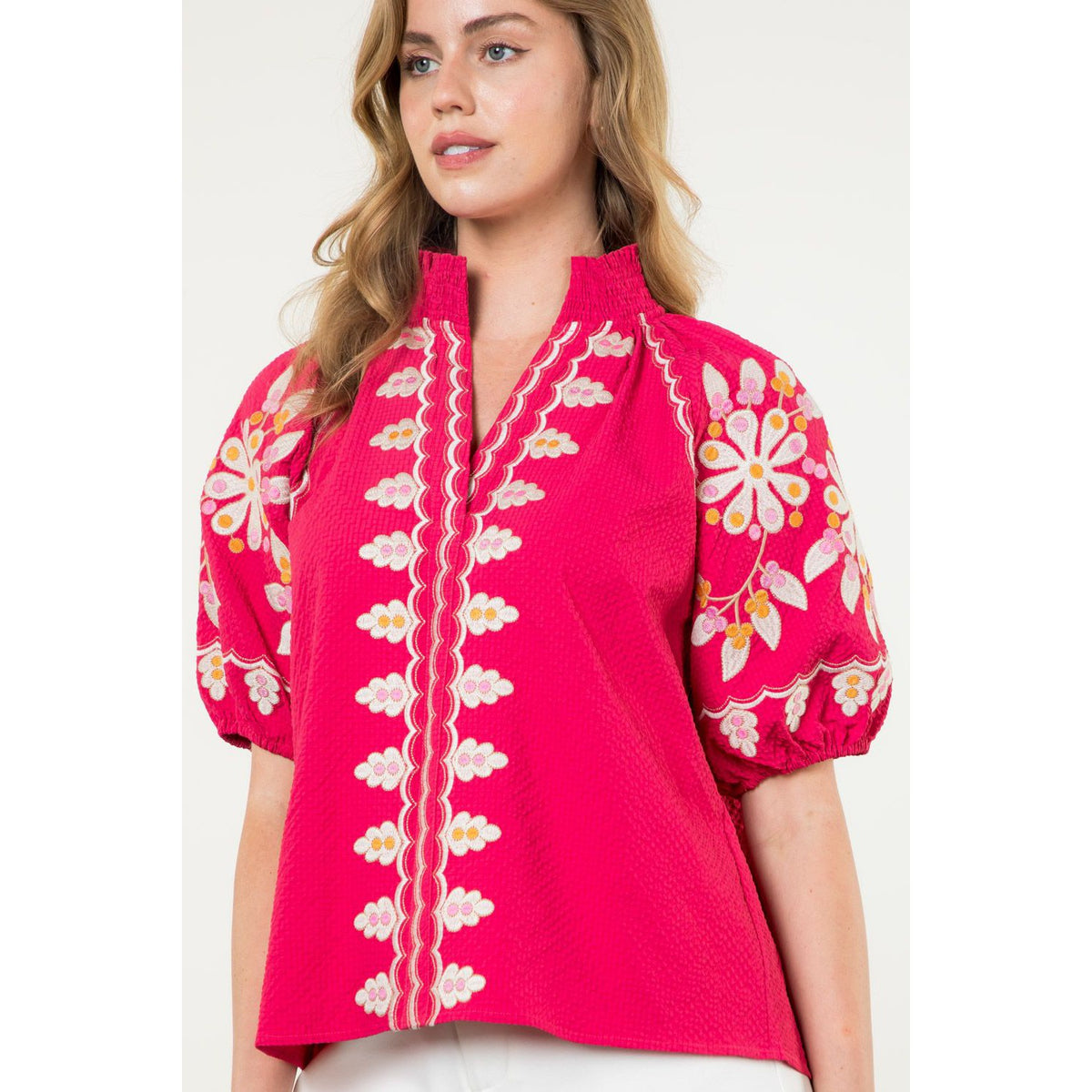 Embroidered Puff Sleeve Textured Top