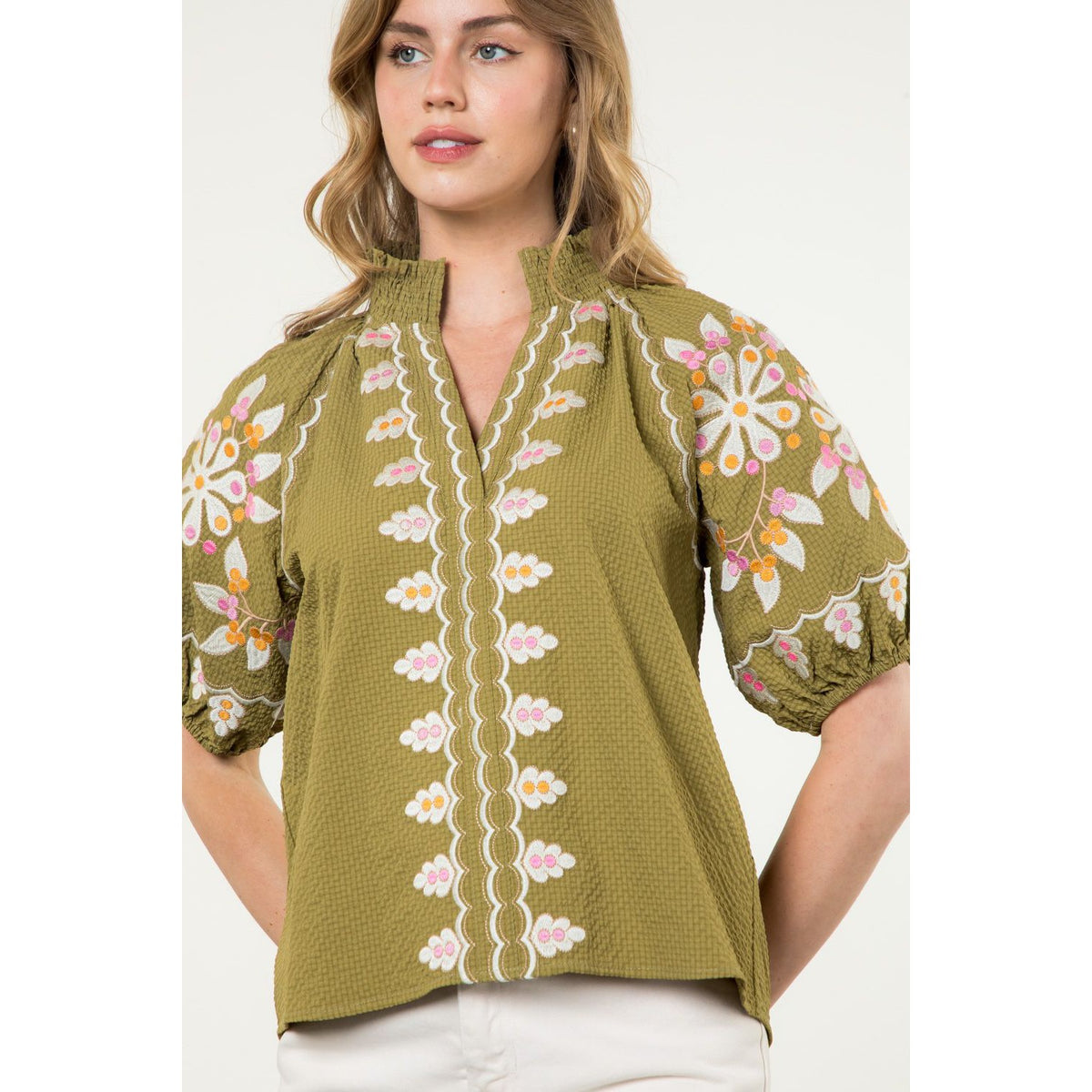 Embroidered Puff Sleeve Textured Top