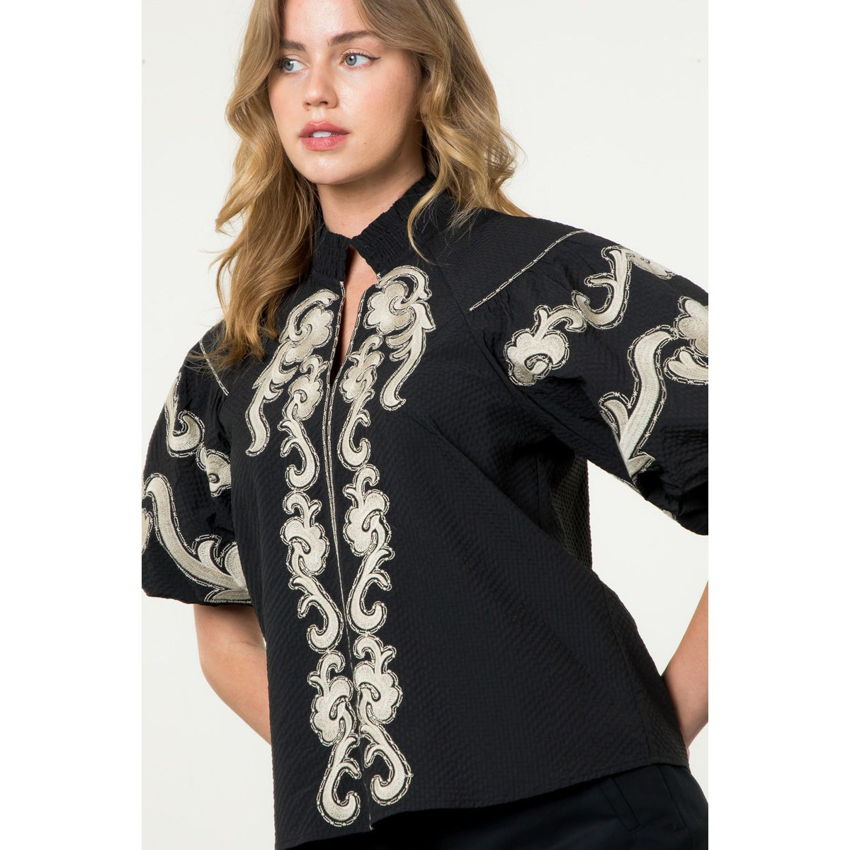 Embroidered Detail Puff Sleeve Top