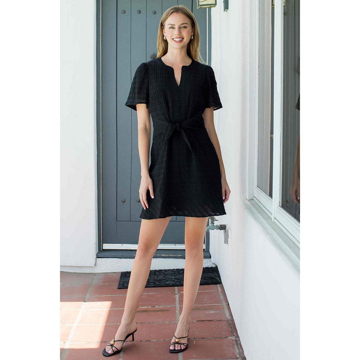 Tie Waist Notch Neck Textured Dress