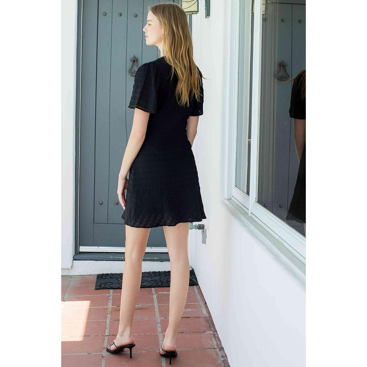 Tie Waist Notch Neck Textured Dress