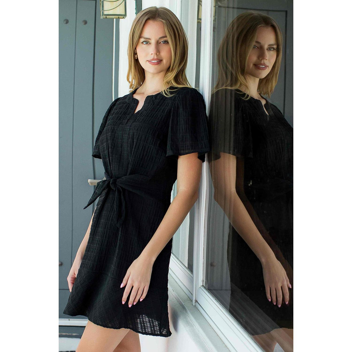 Tie Waist Notch Neck Textured Dress