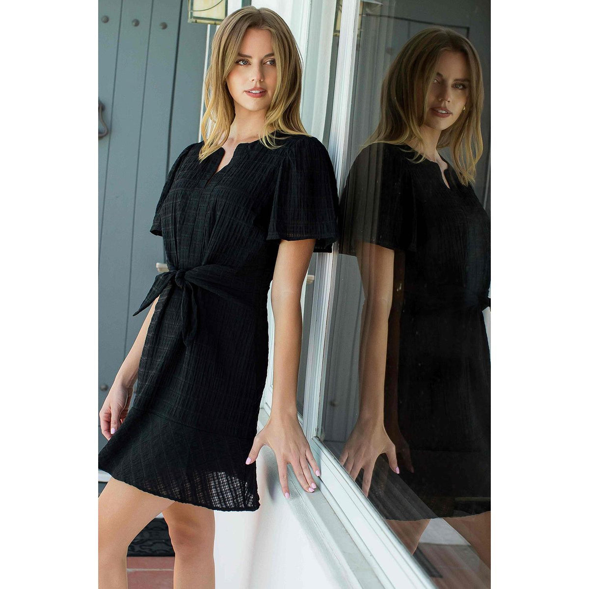 Tie Waist Notch Neck Textured Dress