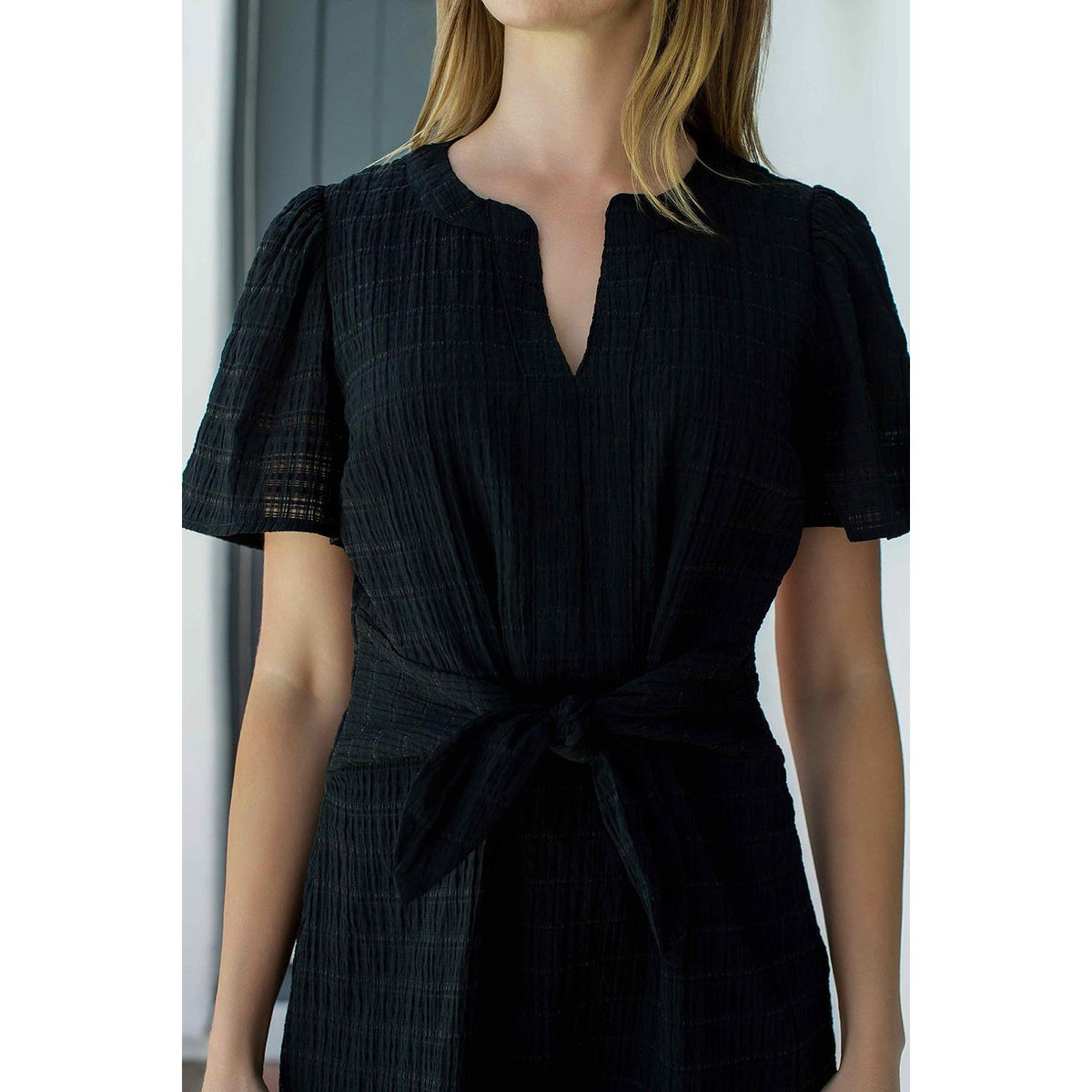 Tie Waist Notch Neck Textured Dress