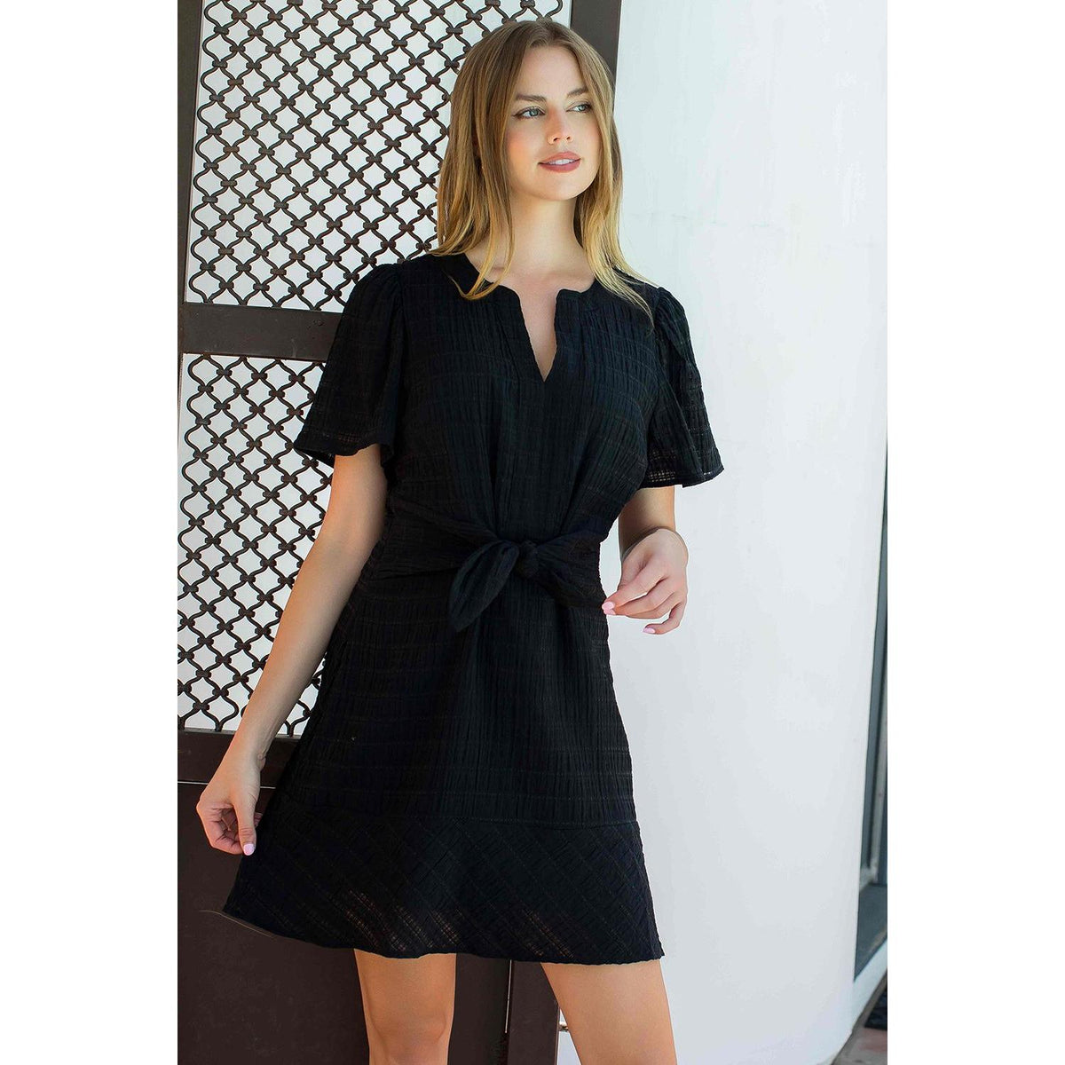 Tie Waist Notch Neck Textured Dress