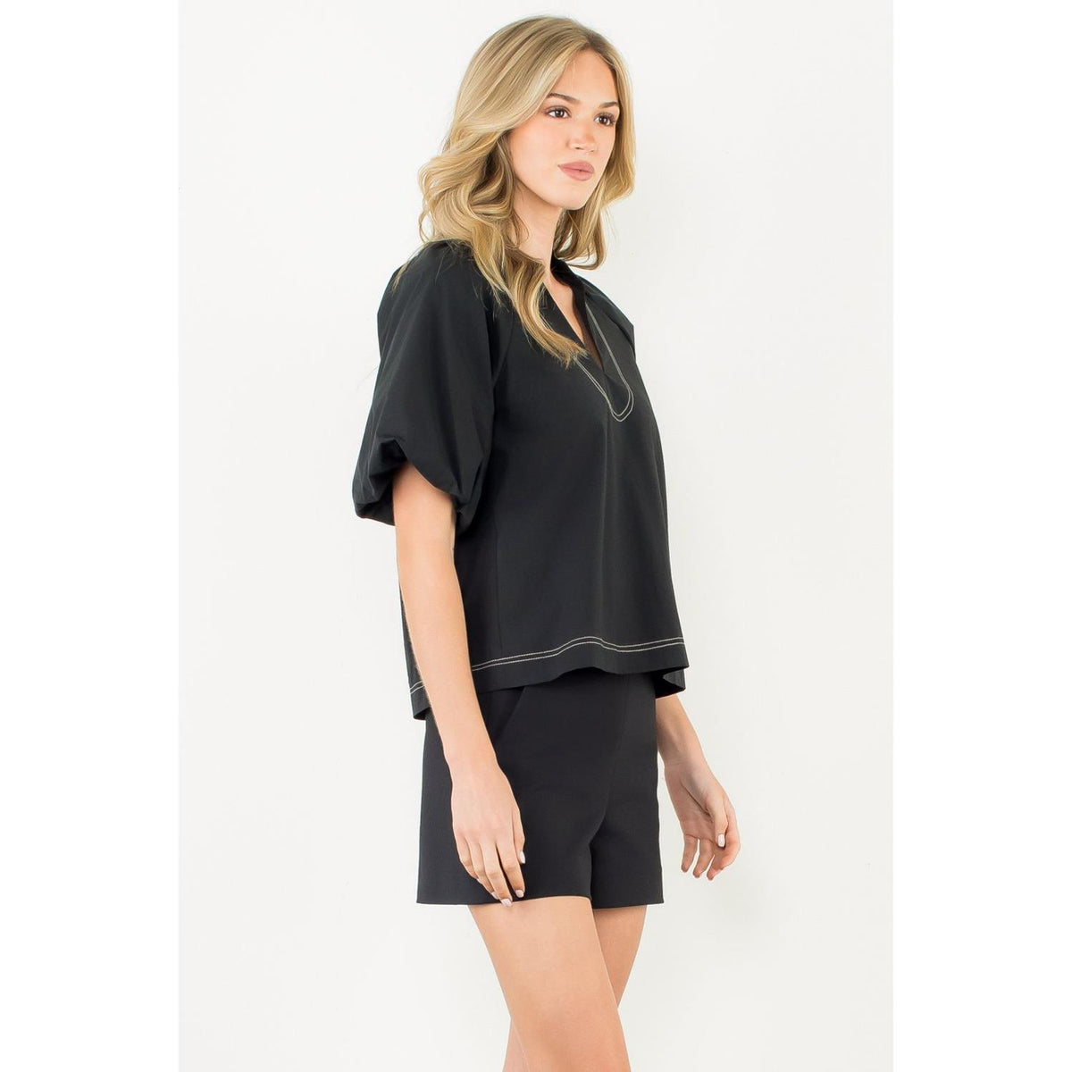 Natalie Contrast Stitch Puff Sleeve V-Neck Top