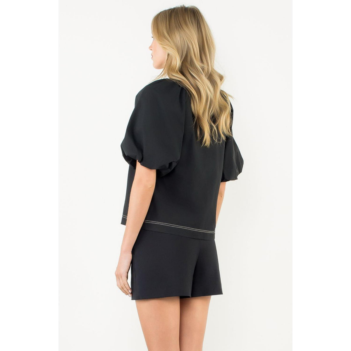 Natalie Contrast Stitch Puff Sleeve V-Neck Top