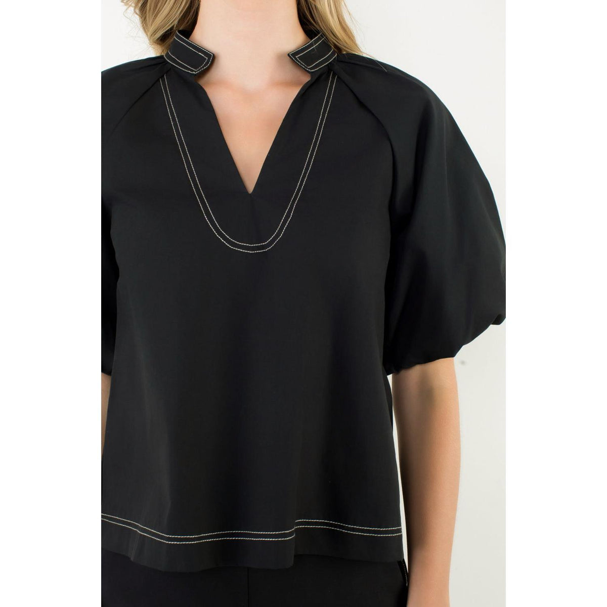Natalie Contrast Stitch Puff Sleeve V-Neck Top