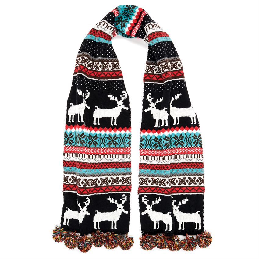 Nordic Reindeer Pom Pom Oblong Scarf